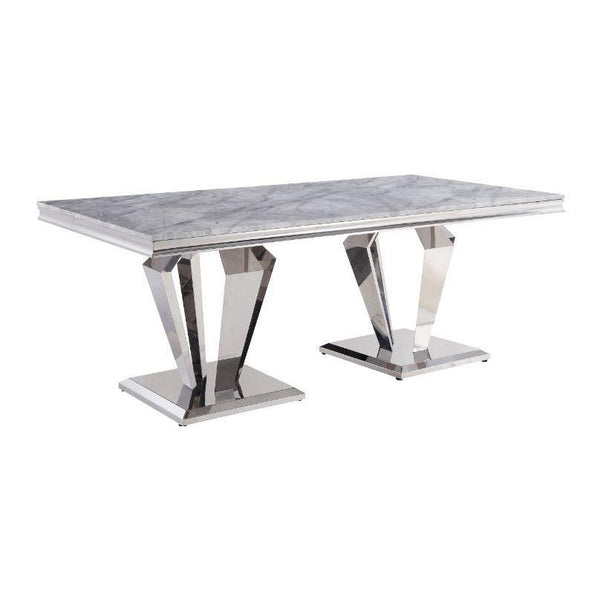 Acme Furniture Satinka Dining Table with Faux Marble Top and Pedestal Base 68265 IMAGE 1