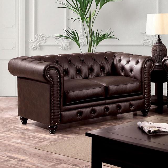 Furniture of America Stanford Stationary Leather Look Loveseat CM6269BR-LV-VN IMAGE 1