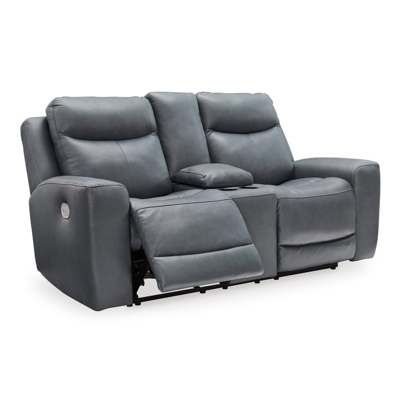 Signature Design by Ashley Mindanao Power Reclining Leather Match Loveseat with Console U5950418 IMAGE 2