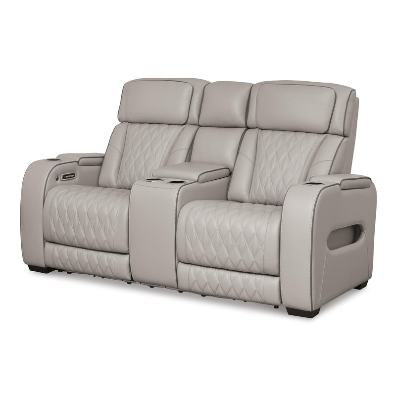 Signature Design by Ashley Boyington Power Reclining Leather Match Loveseat with Console U2710518 IMAGE 1