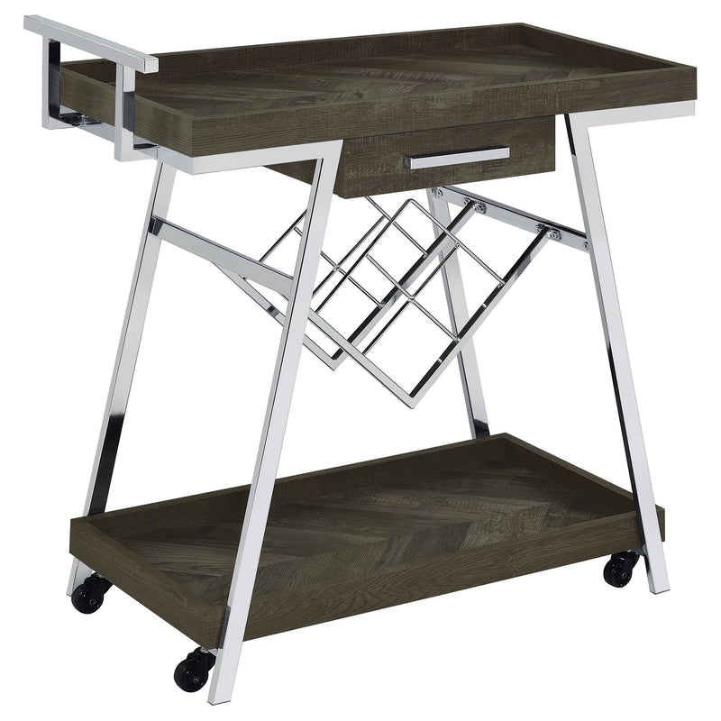 Coaster Furniture Kinney 181025 2-Tier Bar Cart with Storage Drawer - Rustic Grey/Chrome IMAGE 1