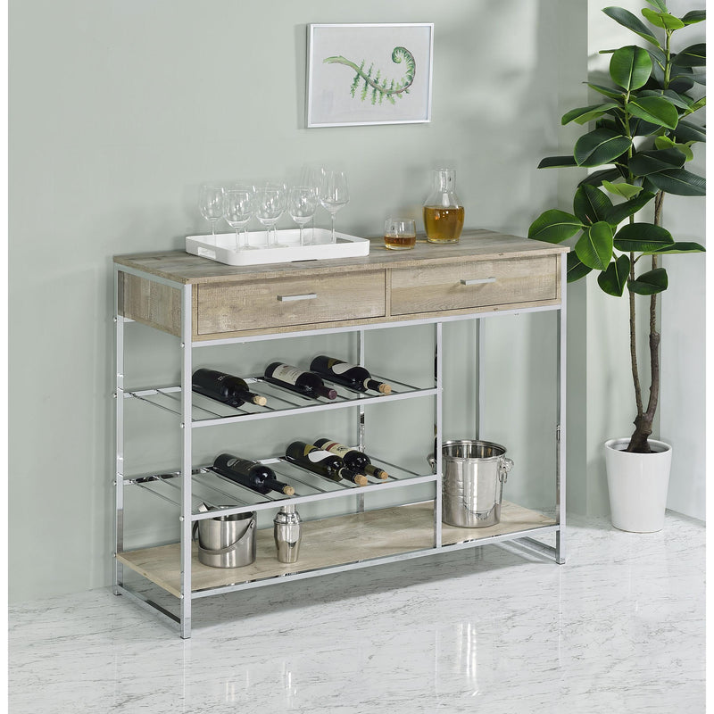 Coaster Furniture Melrose 182275 2-Shelf Wine Cabinet with 2 Drawers - Gray Washed Oak/Chrome IMAGE 2