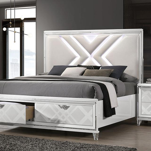 Furniture of America Emmeline King Upholstered Panel Bed with Storage FOA7147WH-EK-BED IMAGE 1